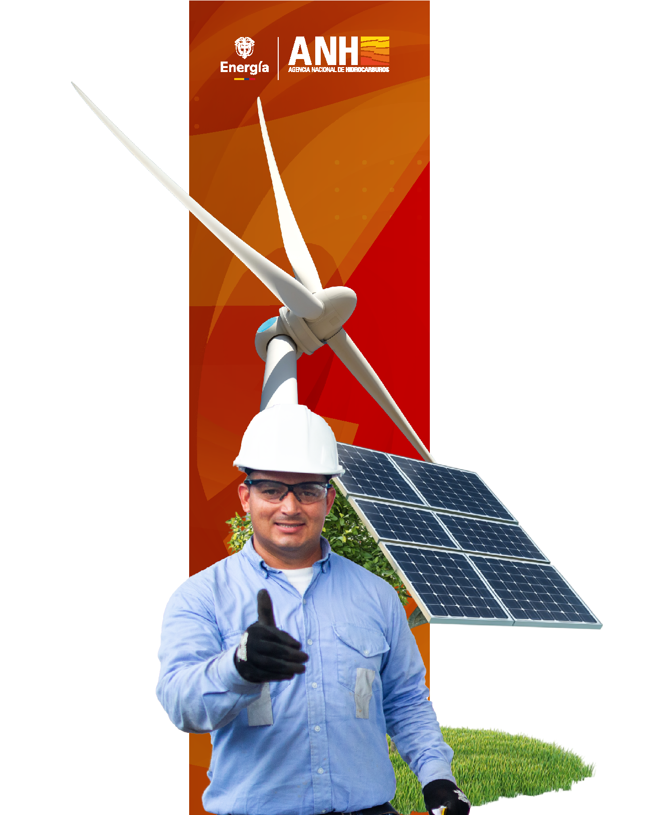 Transición energética: técnico, aerogenerador y paneles solares